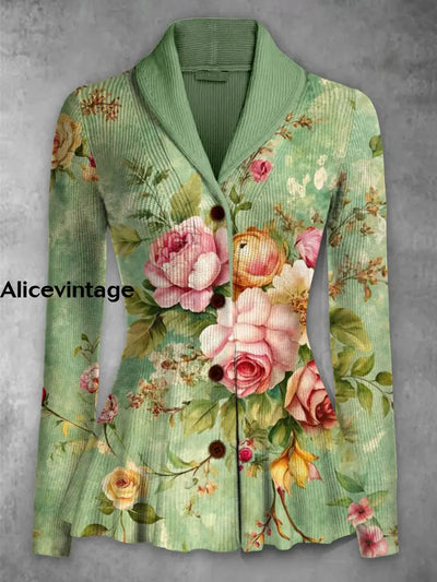 Floral Print Vintage Elegant Lapel V-Neck Button Up Long Sleeve Top A / S