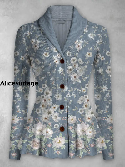 Floral Print Vintage Elegant Lapel V-Neck Button Up Long Sleeve Top A / S