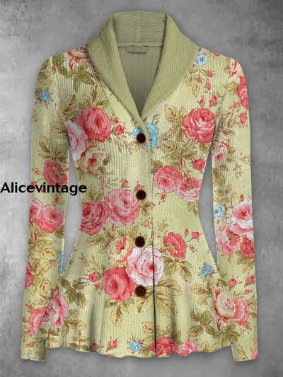 Floral Print Vintage Elegant Lapel V-Neck Button Up Long Sleeve Top A / S