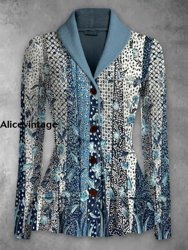 Floral Print Vintage Elegant Lapel V-Neck Button Up Long Sleeve Top A / S