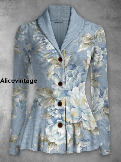 Floral Print Vintage Elegant Lapel V-Neck Button Up Long Sleeve Top A / S