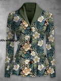 Floral Print Vintage Elegant Lapel V-Neck Button Up Long Sleeve Top A / S