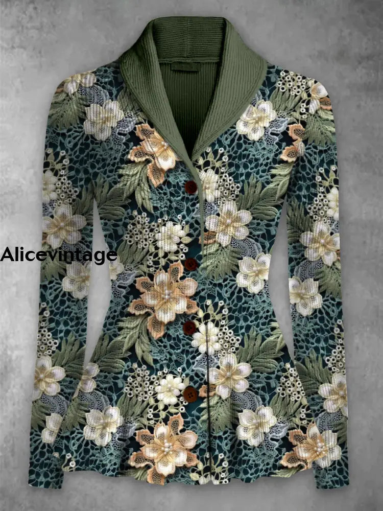 Floral Print Vintage Elegant Lapel V-Neck Button Up Long Sleeve Top A / S