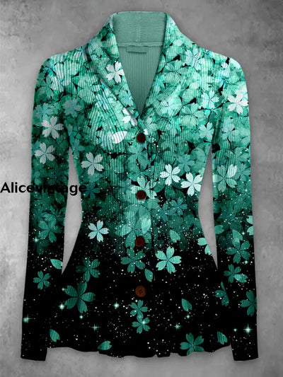 Floral Print Vintage Elegant Lapel V-Neck Button Up Long Sleeve Top A / S