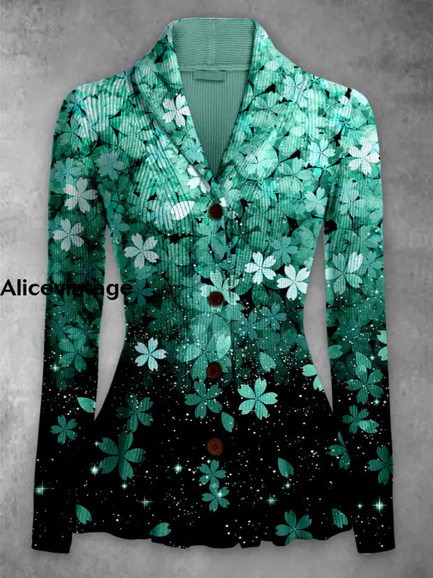 Floral Print Vintage Elegant Lapel V-Neck Button Up Long Sleeve Top A / S