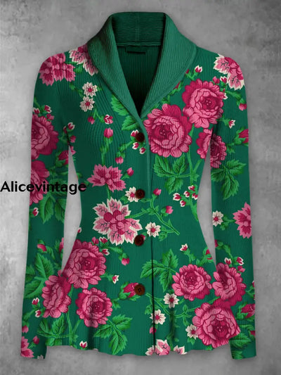 Floral Print Vintage Elegant Lapel V-Neck Button Up Long Sleeve Top A / S