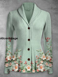 Floral Print Vintage Elegant Lapel V-Neck Button Up Long Sleeve Top A / S