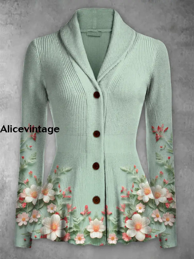 Floral Print Vintage Elegant Lapel V-Neck Button Up Long Sleeve Top A / S