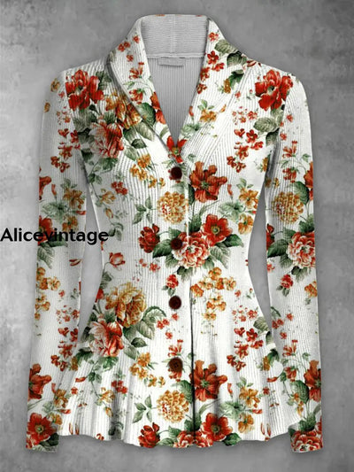 Floral Print Vintage Elegant Lapel V-Neck Button Up Long Sleeve Top A / S