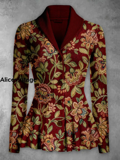 Floral Print Vintage Elegant Lapel V-Neck Button Up Long Sleeve Top A / S