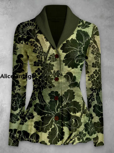 Floral Print Vintage Elegant Lapel V-Neck Button Up Long Sleeve Top A / S