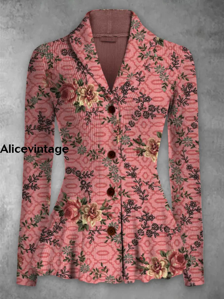 Floral Print Vintage Elegant Lapel V-Neck Button Up Long Sleeve Top A / S