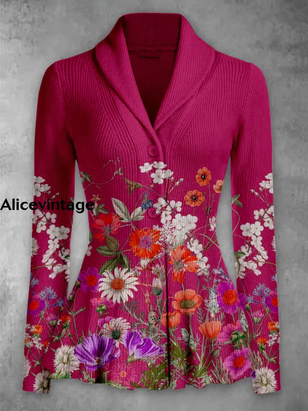 Floral Print Vintage Elegant Lapel V-Neck Button Up Long Sleeve Top A / S