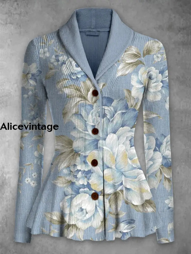 Floral Print Vintage Elegant Lapel V-Neck Button Up Long Sleeve Top A / S