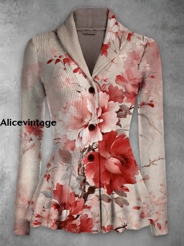 Floral Print Vintage Elegant Lapel V-Neck Button Up Long Sleeve Top A / S