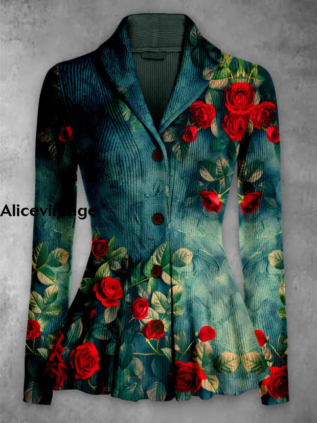 Floral Print Vintage Elegant Lapel V-Neck Button Up Long Sleeve Top A / S