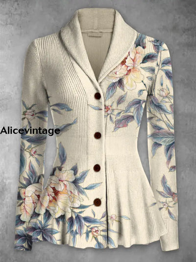 Floral Print Vintage Elegant Lapel V-Neck Button Up Long Sleeve Top A / S