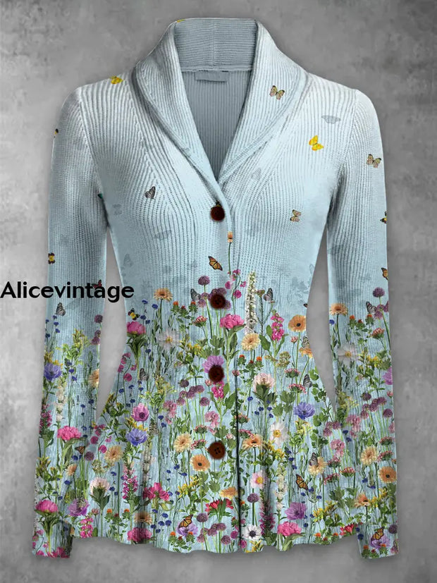 Floral Print Vintage Elegant Lapel V-Neck Button Up Long Sleeve Top A / S