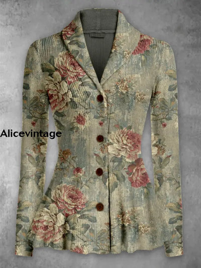 Floral Print Vintage Elegant Lapel V-Neck Button Up Long Sleeve Top A / S