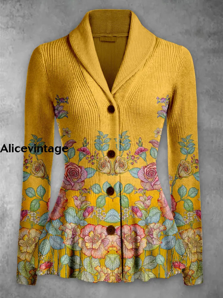 Floral Print Vintage Elegant Lapel V-Neck Button Up Long Sleeve Top A / S