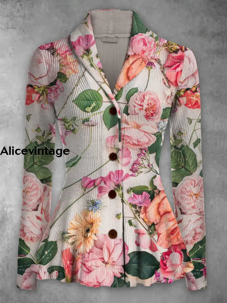 Floral Print Vintage Elegant Lapel V-Neck Button Up Long Sleeve Top A / S