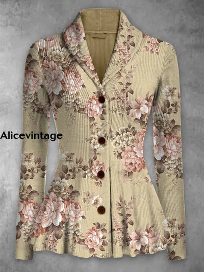 Floral Print Vintage Elegant Lapel V-Neck Button Up Long Sleeve Top A / S