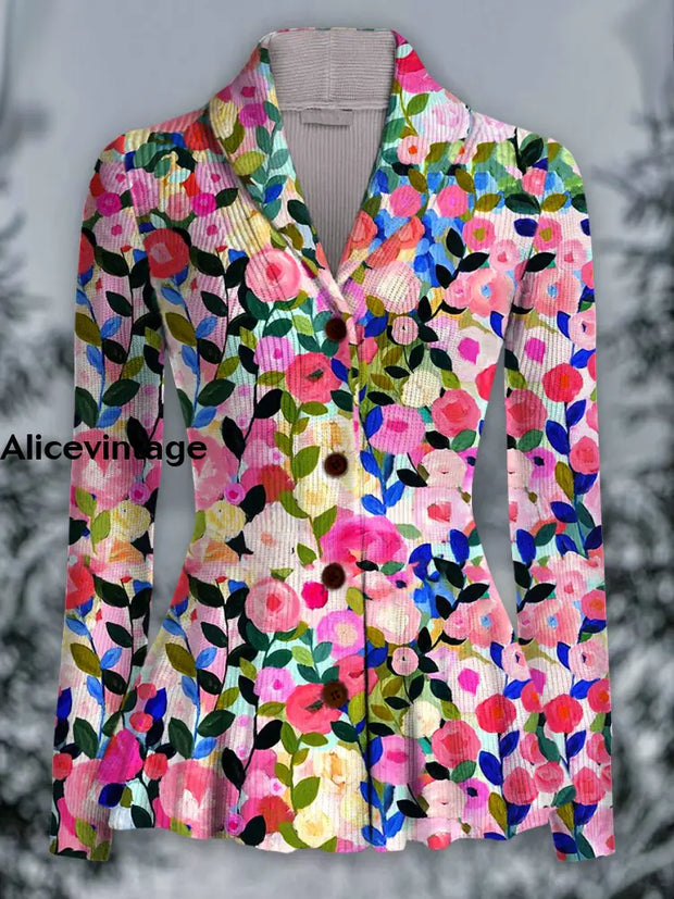 Floral Print Vintage Elegant Lapel V-Neck Button Up Long Sleeve Top A / S