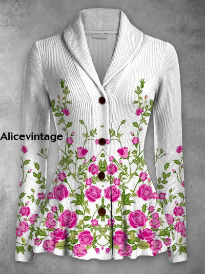 Floral Print Vintage Elegant Lapel V-Neck Button Up Long Sleeve Top A / S