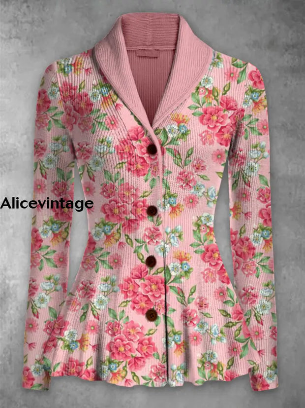 Floral Print Vintage Elegant Lapel V-Neck Button Up Long Sleeve Top A / S