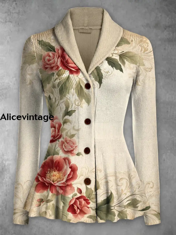 Floral Print Vintage Elegant Lapel V-Neck Button Up Long Sleeve Top A / S