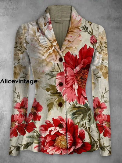 Floral Print Vintage Elegant Lapel V-Neck Button Up Long Sleeve Top A / S