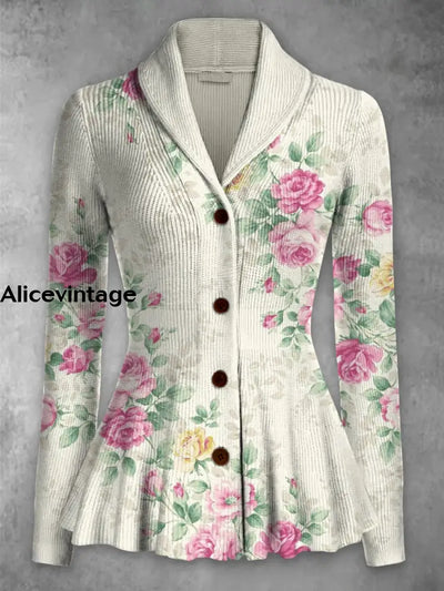 Floral Print Vintage Elegant Lapel V-Neck Button Up Long Sleeve Top A / S