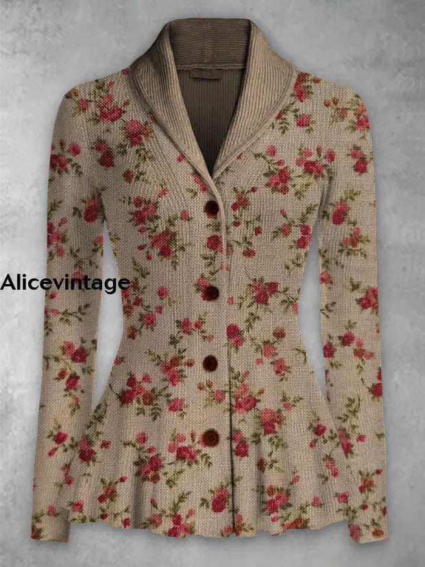 Floral Print Vintage Elegant Lapel V-Neck Button Up Long Sleeve Top A / S