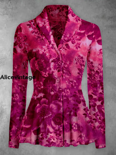 Floral Print Vintage Elegant Lapel V-Neck Button Up Long Sleeve Top A / S