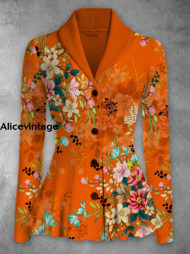 Floral Print Vintage Elegant Lapel V-Neck Button Up Long Sleeve Top A / S