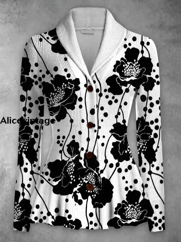 Floral Print Vintage Elegant Lapel V-Neck Button Up Long Sleeve Top A / S