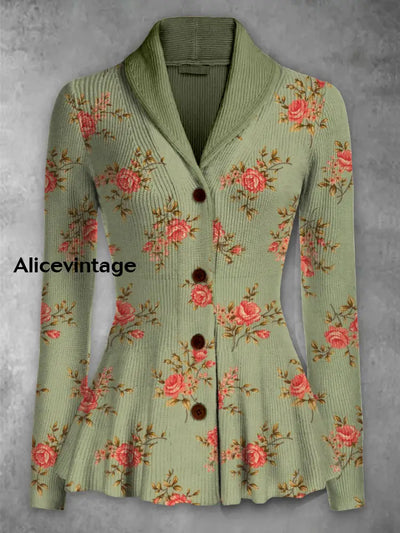 Floral Print Vintage Elegant Lapel V-Neck Button Up Long Sleeve Top A / S