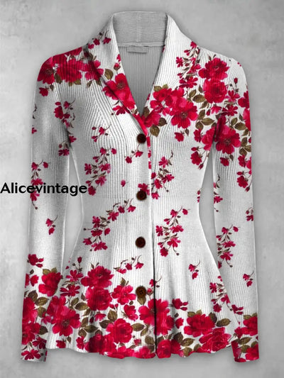 Floral Print Vintage Elegant Lapel V-Neck Button Up Long Sleeve Top A / S