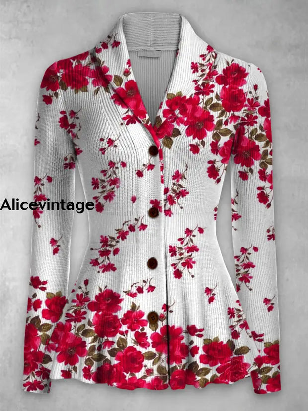 Floral Print Vintage Elegant Lapel V-Neck Button Up Long Sleeve Top A / S