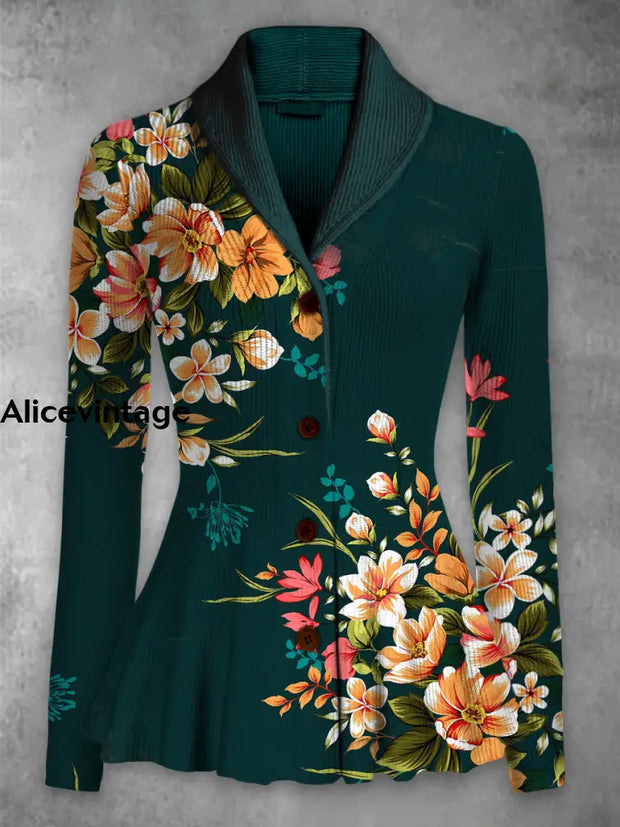 Floral Print Vintage Elegant Lapel V-Neck Button Up Long Sleeve Top A / S