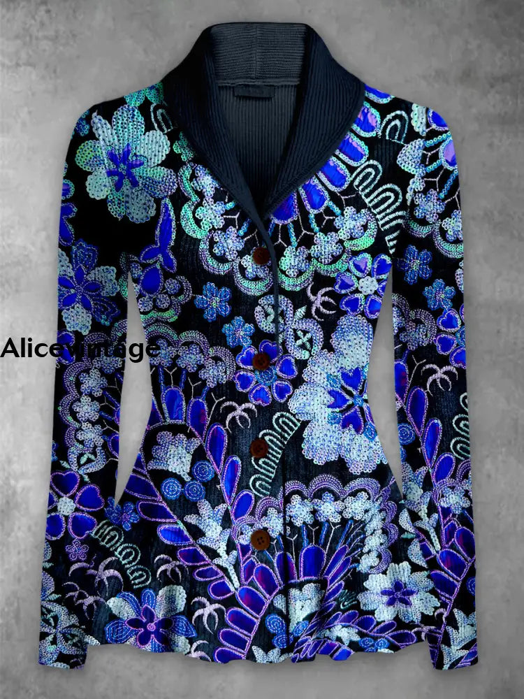 Floral Print Vintage Elegant Lapel V-Neck Button Up Long Sleeve Top A / S