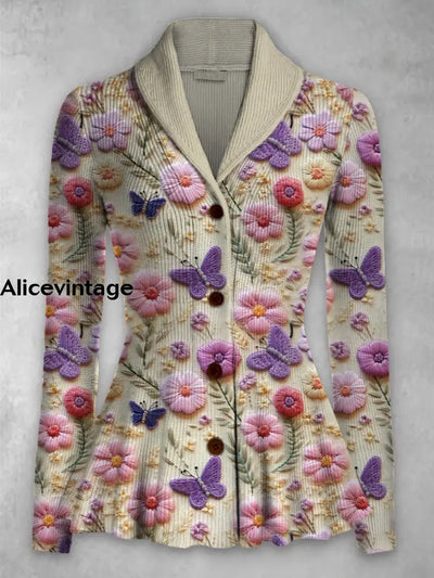 Floral Print Vintage Elegant Lapel V-Neck Button Up Long Sleeve Top A / S