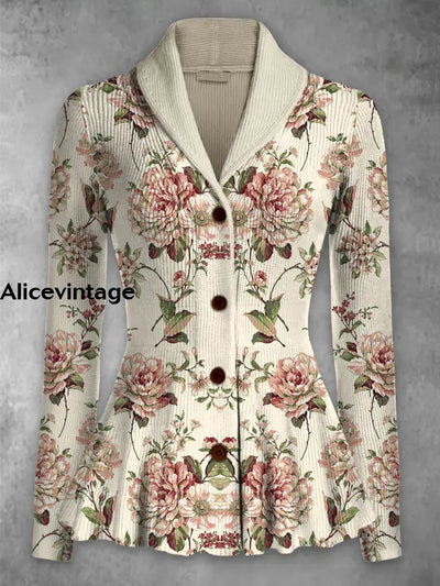 Floral Print Vintage Elegant Lapel V-Neck Button Up Long Sleeve Top A / S