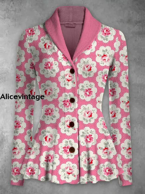 Floral Print Vintage Elegant Lapel V-Neck Button Up Long Sleeve Top A / S