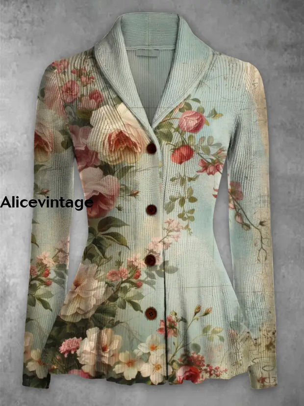 Floral Print Vintage Elegant Lapel V-Neck Button Up Long Sleeve Top A / S