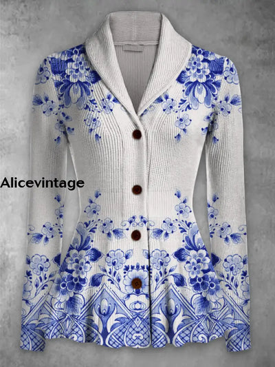 Floral Print Vintage Elegant Lapel V-Neck Button Up Long Sleeve Top A / S