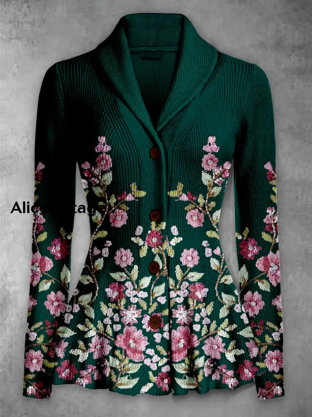 Floral Print Vintage Elegant Lapel V-Neck Button Up Long Sleeve Top A / S