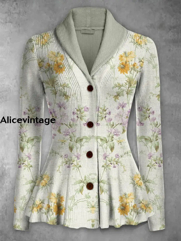 Retro Floral Printed Elegant Lapel V-Neck Button Up Thick Knit Long-Sleeved Cardigan Sweater A / S