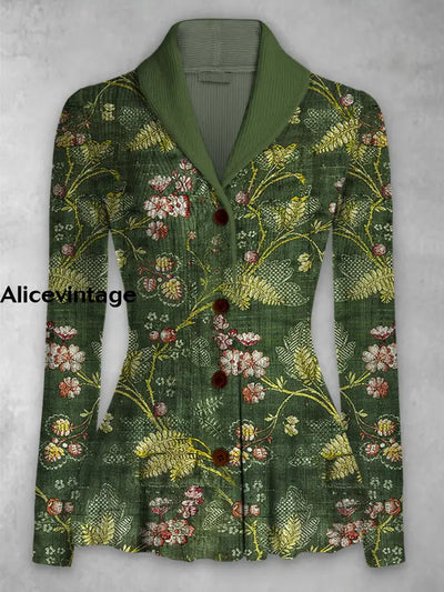 Floral Print Vintage Elegant Lapel V-Neck Button Up Long Sleeve Top A / S