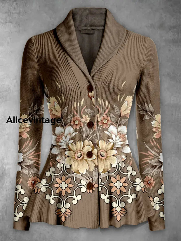 Floral Print Vintage Elegant Lapel V-Neck Button Up Long Sleeve Top A / S